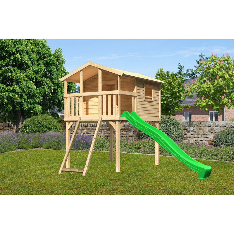 Maison sur pilotis Akubi "Benjamin" SET ACTION2 naturel avec rampe en filet et toboggan vert