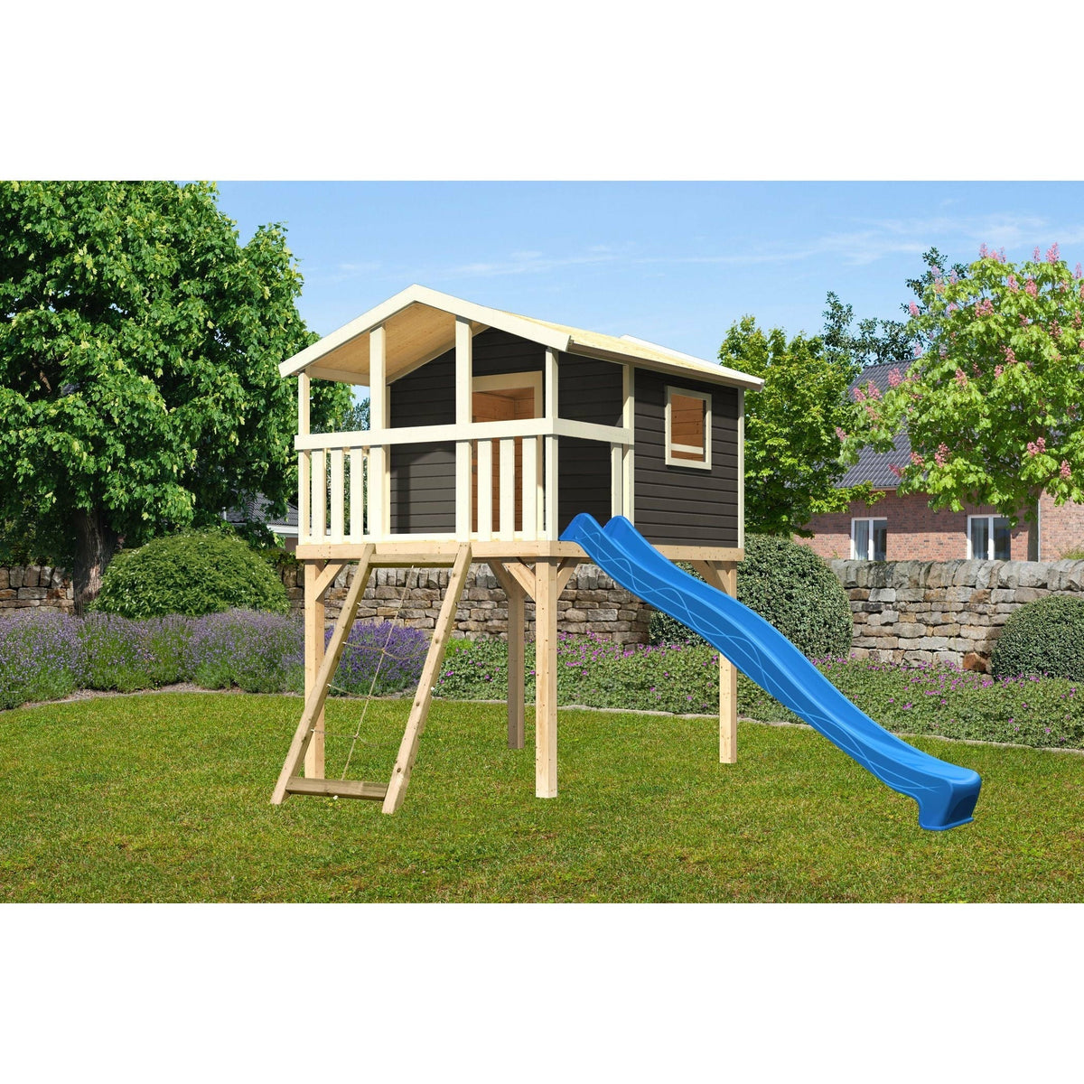 Akubi Casetta su palafitte "Benjamin" SET PROMOZIONE2 grigio terra con rampa in rete e scivolo blu