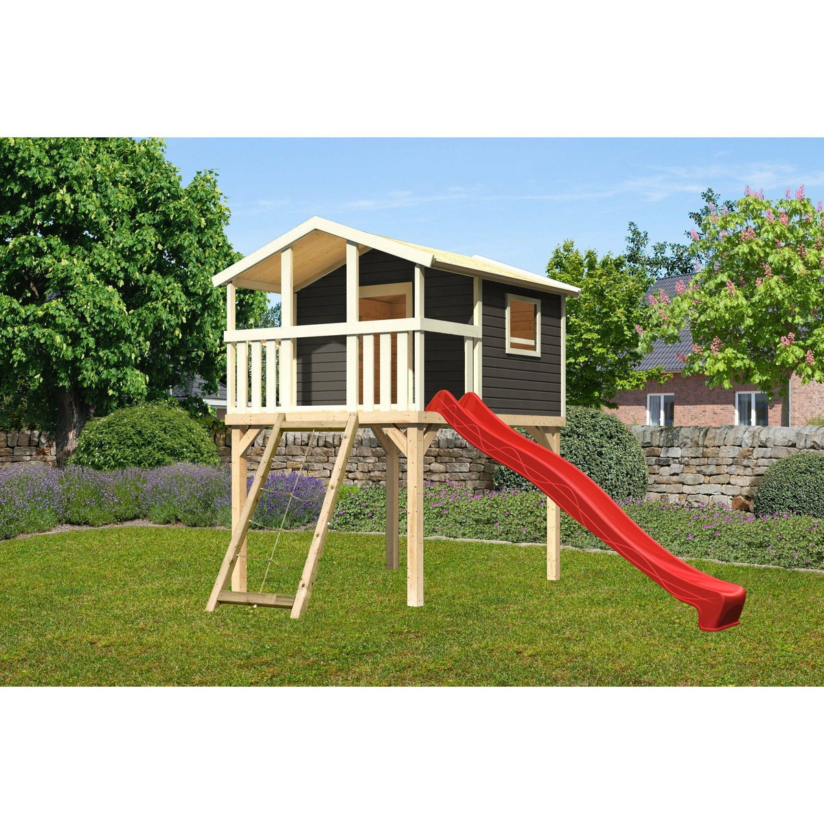 Casetta con palafitte Akubi "Benjamin" SET PROMO2 grigio terra con rampa in corda e scivolo rosso