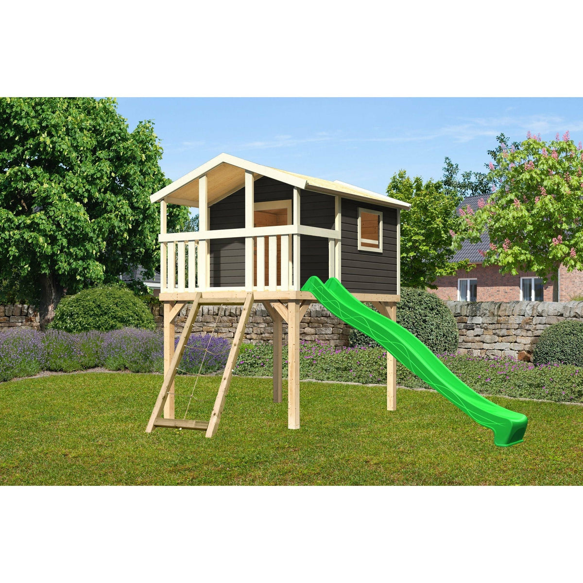 Akubi casa su palafitte "Benjamin" SET PROMOZIONE2 grigio terra con rampa in rete e scivolo verde