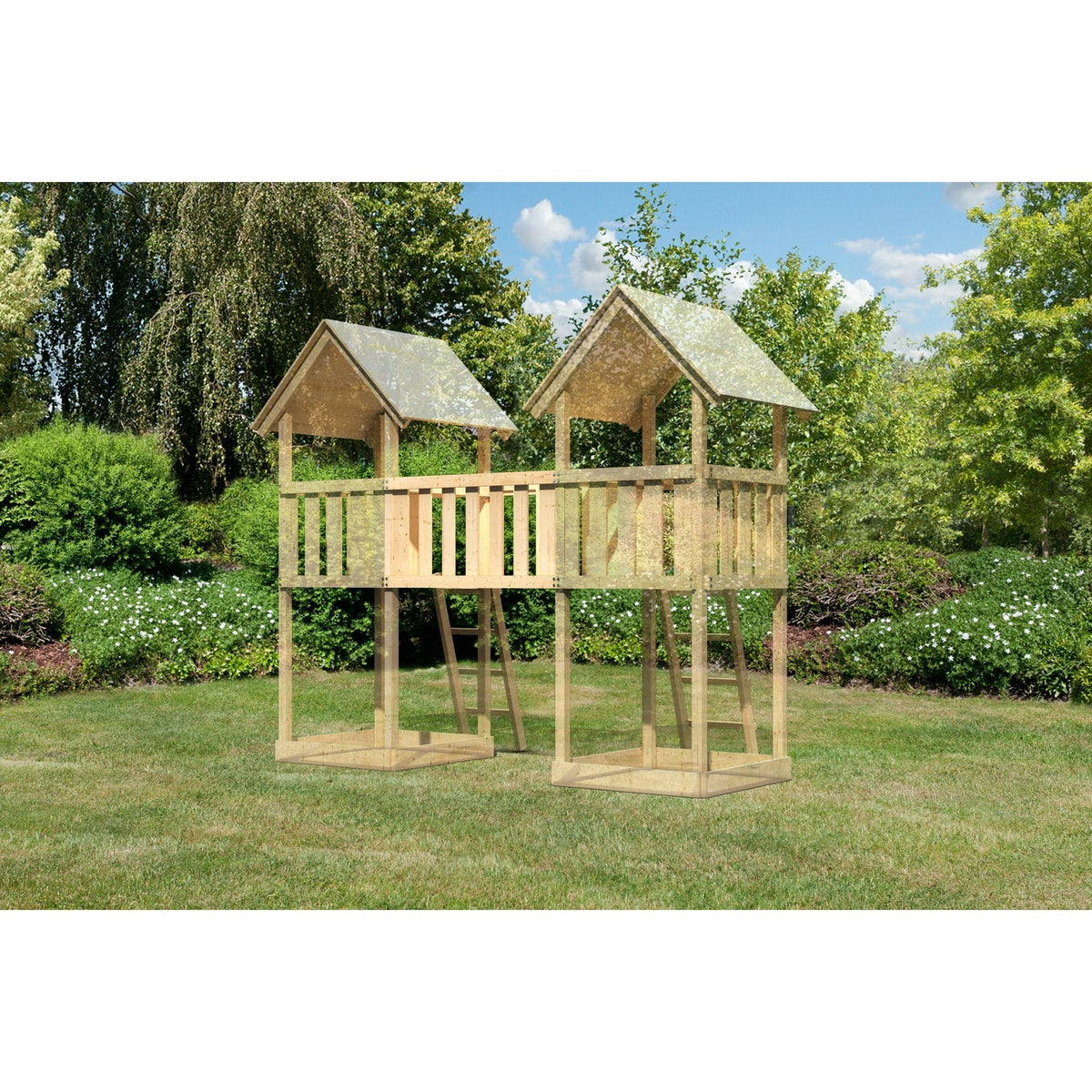Akubi Kinderspielhaus "Ritterburg" SET Wellenrutsche, Fallschutzmatte, Brücke, Doppelschaukelanbau