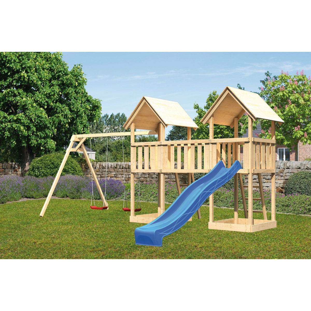 Akubi Kinderspielhaus "Ritterburg" SET Wellenrutsche, Fallschutzmatte, Brücke, Doppelschaukelanbau