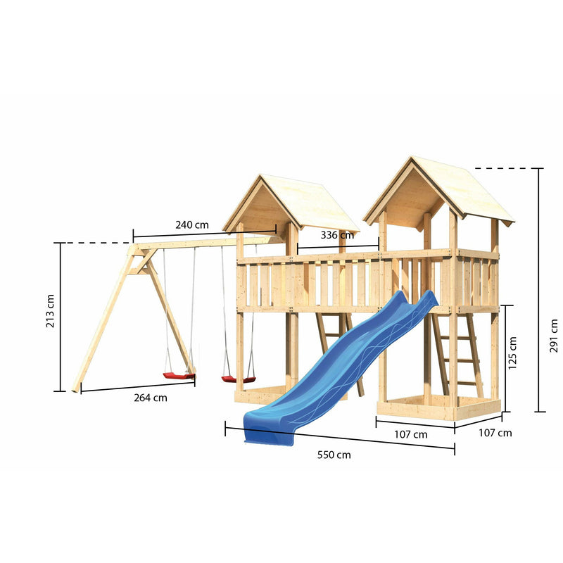 Akubi Kinderspielhaus "Ritterburg" SET Wellenrutsche, Fallschutzmatte, Brücke, Doppelschaukelanbau