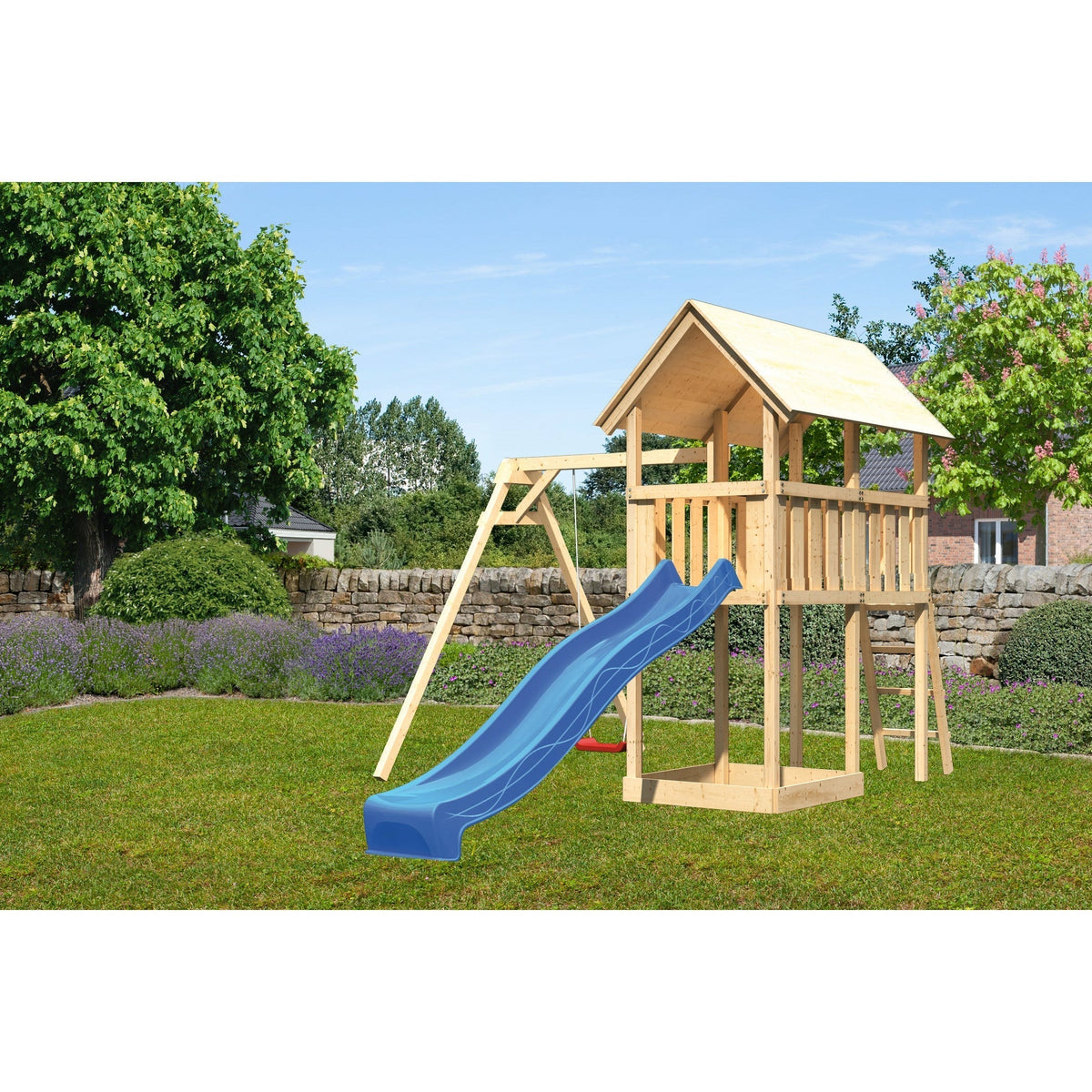 Akubi children's play tower "Danny" SET natural with single swing attachment, slide 2.5m blue