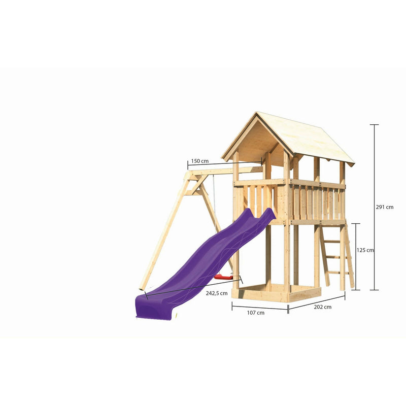 Akubi Kinderspielturm "Danny" SET naturbelassen mit Schaukelanbau Einzel, Rutsche 2,5m violett