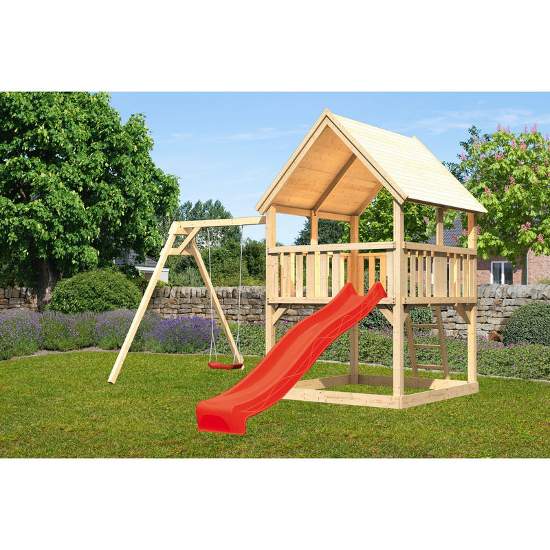 Akubi Spielturm "Luis" SET naturbelassen mit Schaukelanbau Einzel, Rutsche 2,5m rot