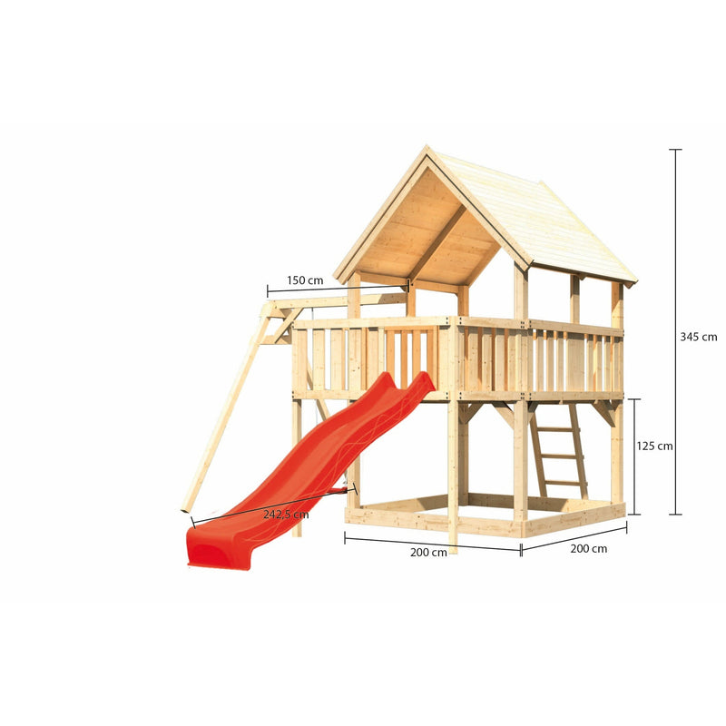 Akubi Spielturm "Luis" SET naturbelassen mit Schaukelanbau Einzel, Rutsche 2,5m rot