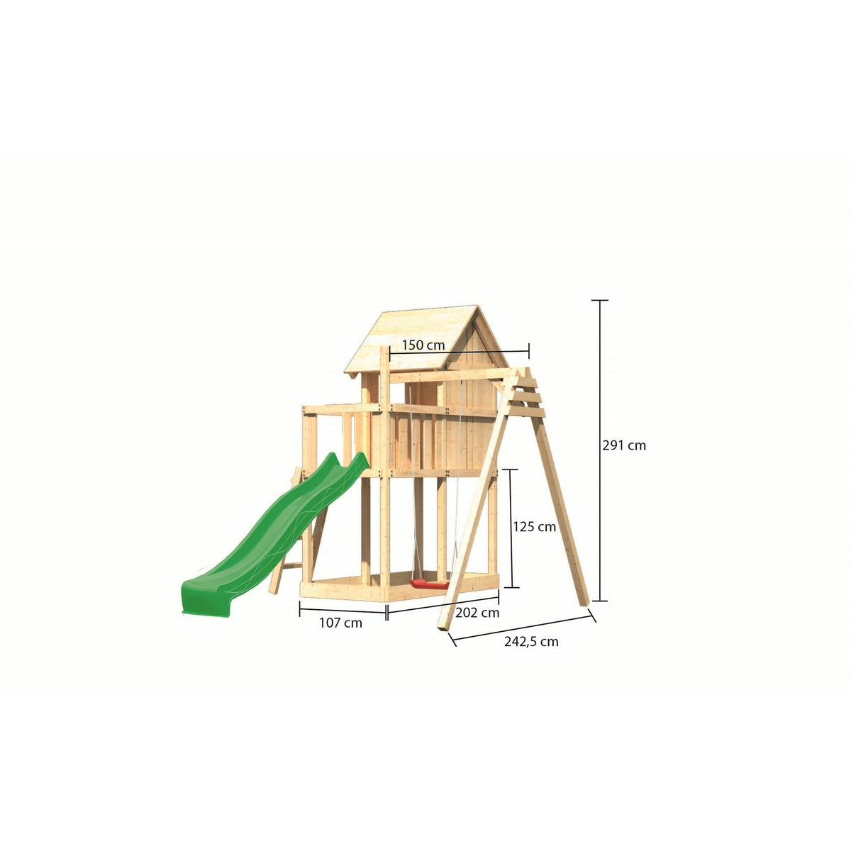 Akubi Kinderspielhaus "Frieda" SET naturbelassen mit Schaukelanbau Einzel, Rutsche 2,5m grün