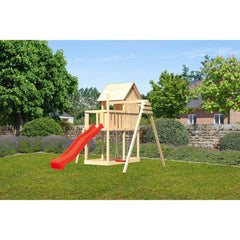 Akubi Kinderspielhaus "Frieda" SET naturbelassen mit Schaukelanbau Einzel, Rutsche 2,5m rot – Vorschau 1