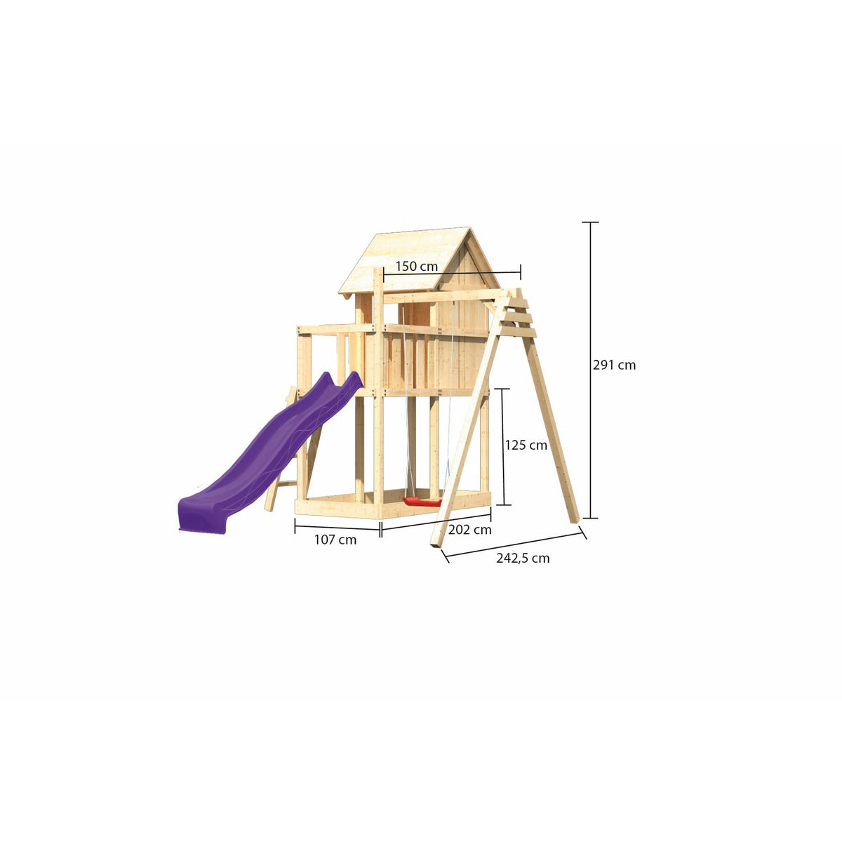 Akubi Kinderspielhaus "Frieda" SET naturbelassen mit Schaukelanbau Einzel, Rutsche 2,5m violett