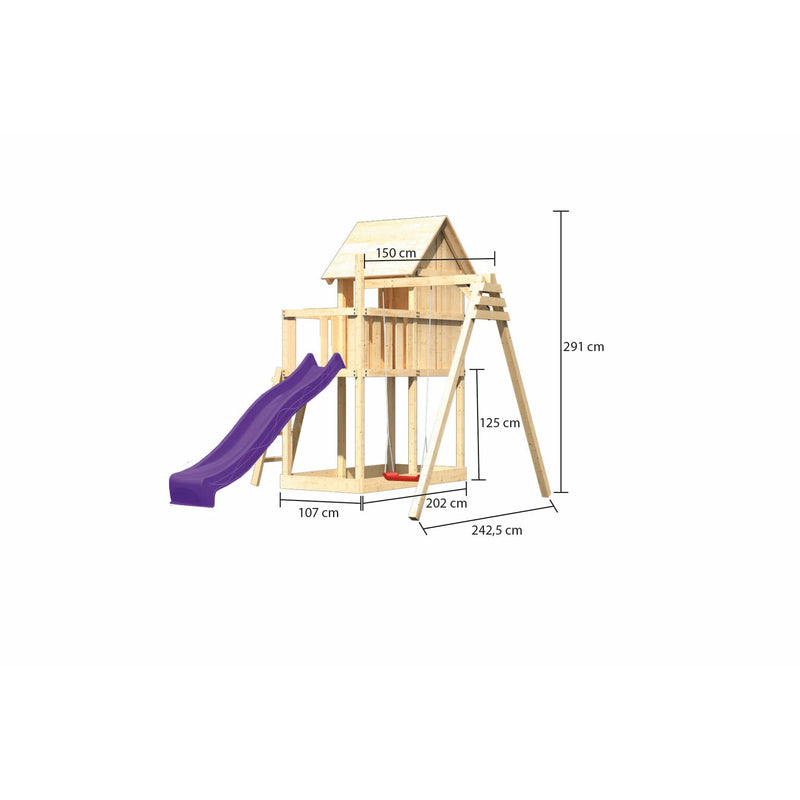 Akubi Kinderspielhaus "Frieda" SET naturbelassen mit Schaukelanbau Einzel, Rutsche 2,5m violett