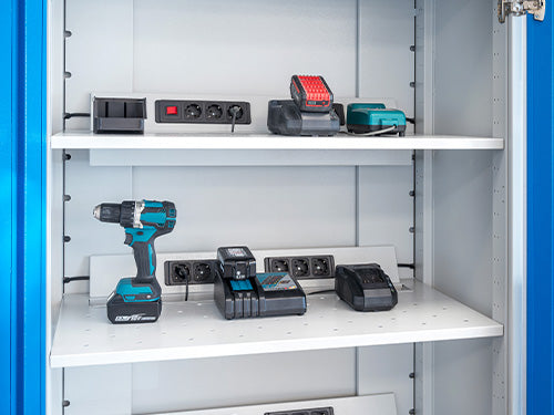 Bedrunka+Hirth battery charging cabinet with 1 x E-shelf and solid sheet metal doors
