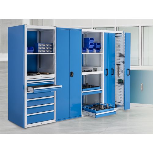 Bedrunka+Hirth Modul 6 | 700, 2x Tragrahmen, 1x Rückwand, 2x Seitenabschlusswand, 1x Uni-Fachboden glatt, 2x Fachboden glatt, 6x Fachboden - Seitenblech, 1x Flügeltüren-Einbausatz, 1x Tragbodensatz mit Zylinderschloss, 7x Schubladen