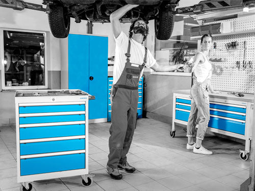 Bedrunka+Hirth Mobile Werkbank Tiefe 736 mm, R 18-24, 4 x Schublade, 1 x Flügeltüre