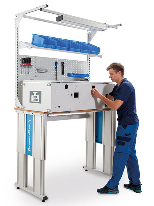 Bedrunka+Hirth Powerline 4 base frame combination, depth 900, electric height adjustment, 1x energy duct, 1x perforated and magnetic wall, 2x shelves