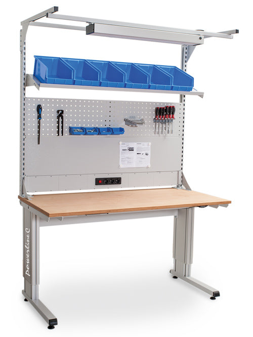 Bedrunka+Hirth Powerline C base frame combination, depth 750, electric height adjustment, 1x energy duct, 1x perforated and magnetic wall, 1x shelf