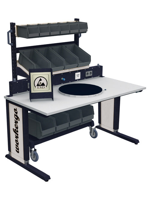 Table de travail Bedrunka+Hirth avec pied en C et réglage par manivelle, revêtement par poudre conducteur
