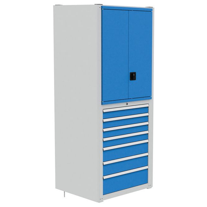 Bedrunka+Hirth Modul 6 | 700, 2x Tragrahmen, 1x Rückwand, 2x Seitenabschlusswand, 1x Uni-Fachboden glatt, 2x Fachboden glatt, 6x Fachboden - Seitenblech, 1x Flügeltüren-Einbausatz, 1x Tragbodensatz mit Zylinderschloss, 7x Schubladen